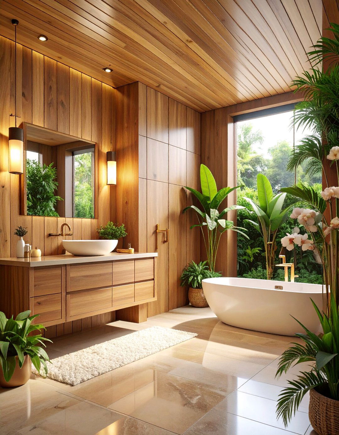 Teak Wood Tropical Spa Bathroom - 25 Tropical Bathroom Ideas