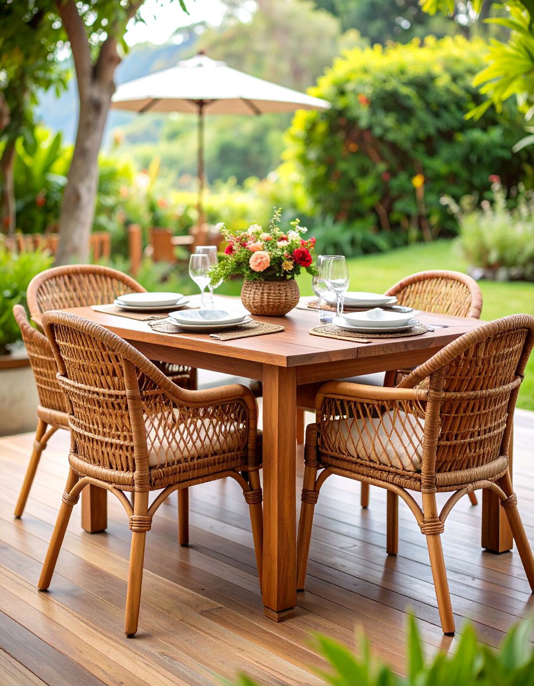 Teak and Rattan Dining Ensemble - 25 Outdoor Furniture Ideas