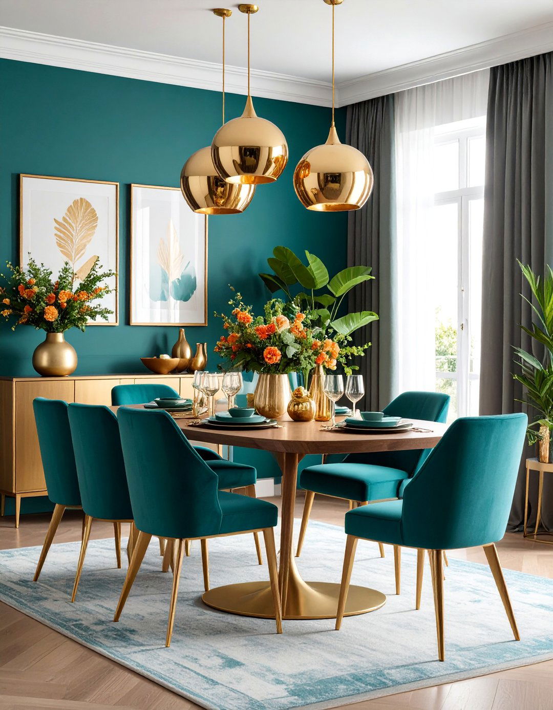 Teal Accent Wall with Gold Metallic Details - 25 Teal Dining Room Ideas