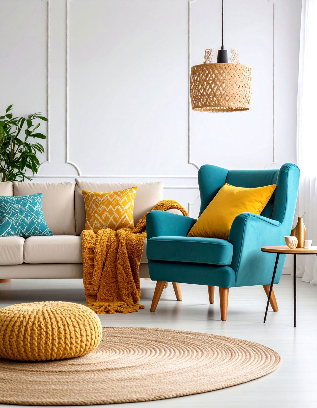 Teal Blue Armchair with Yellow Patterned Throw Pillows - 25 Yellow and Blue Living Room Ideas