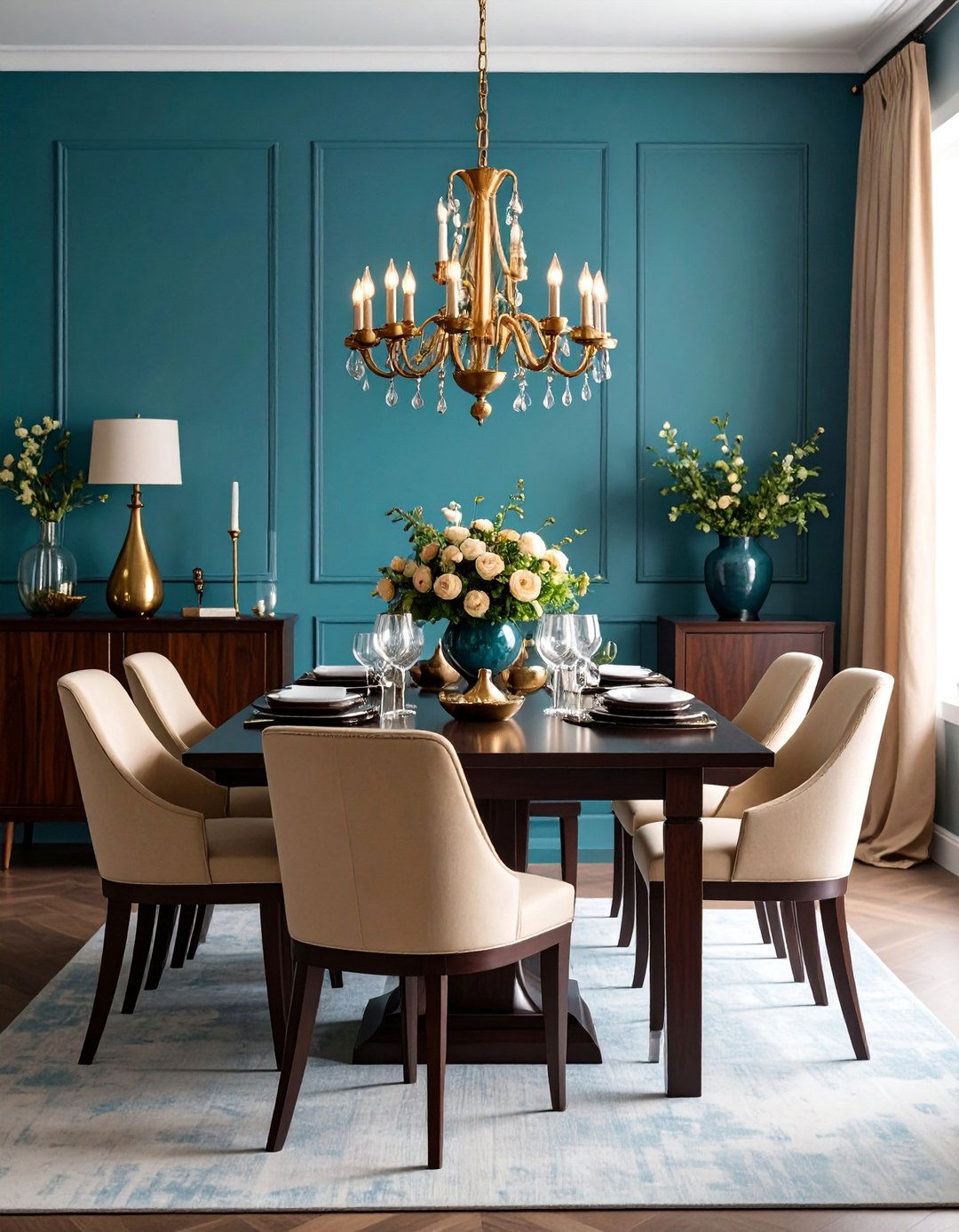 Teal Blue Dining Room with Dark Wood Furniture - 25 Blue Room Ideas
