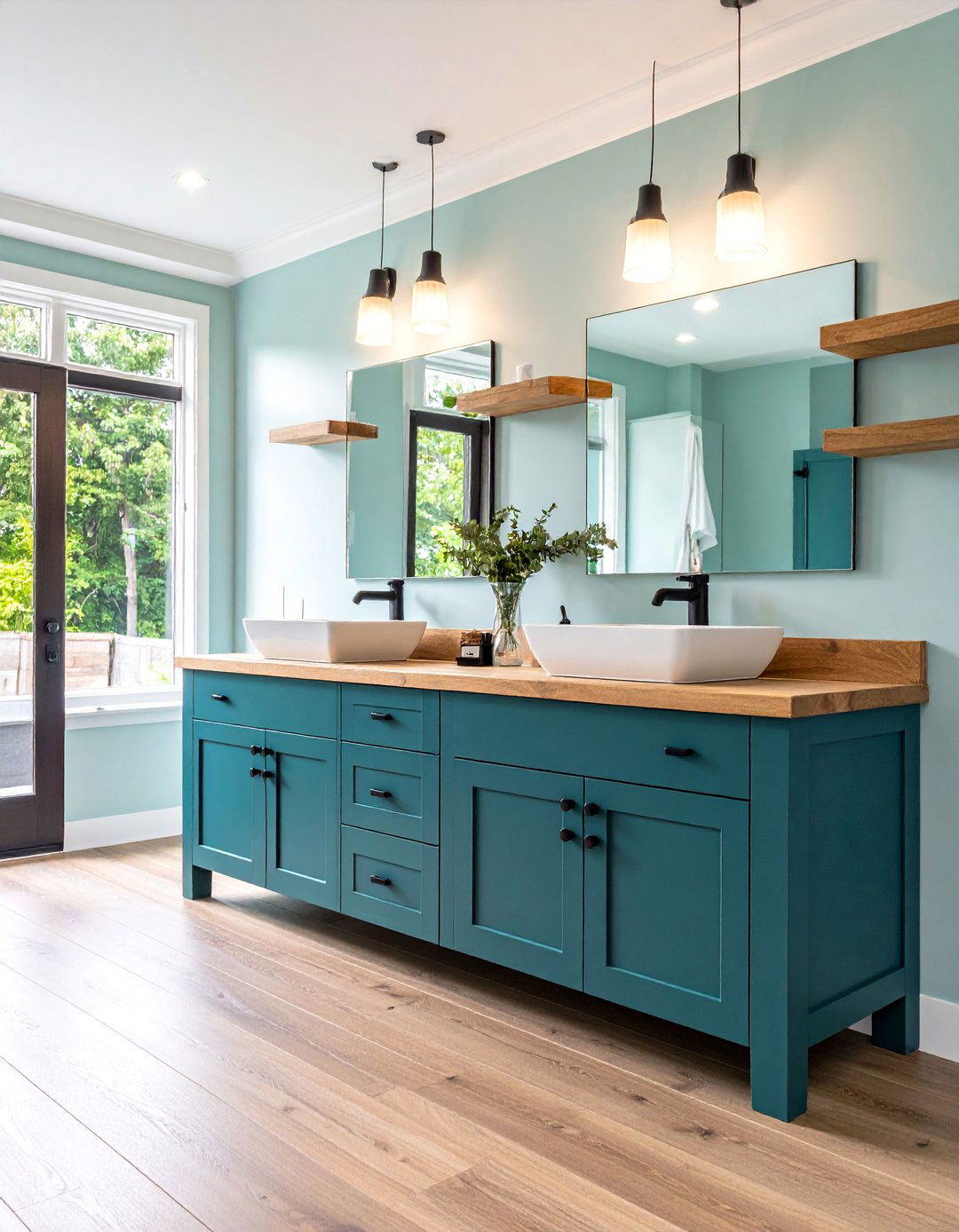 Teal Blue Double Vanity with Natural Wood Accents - 25 Blue Bathroom Vanity Ideas