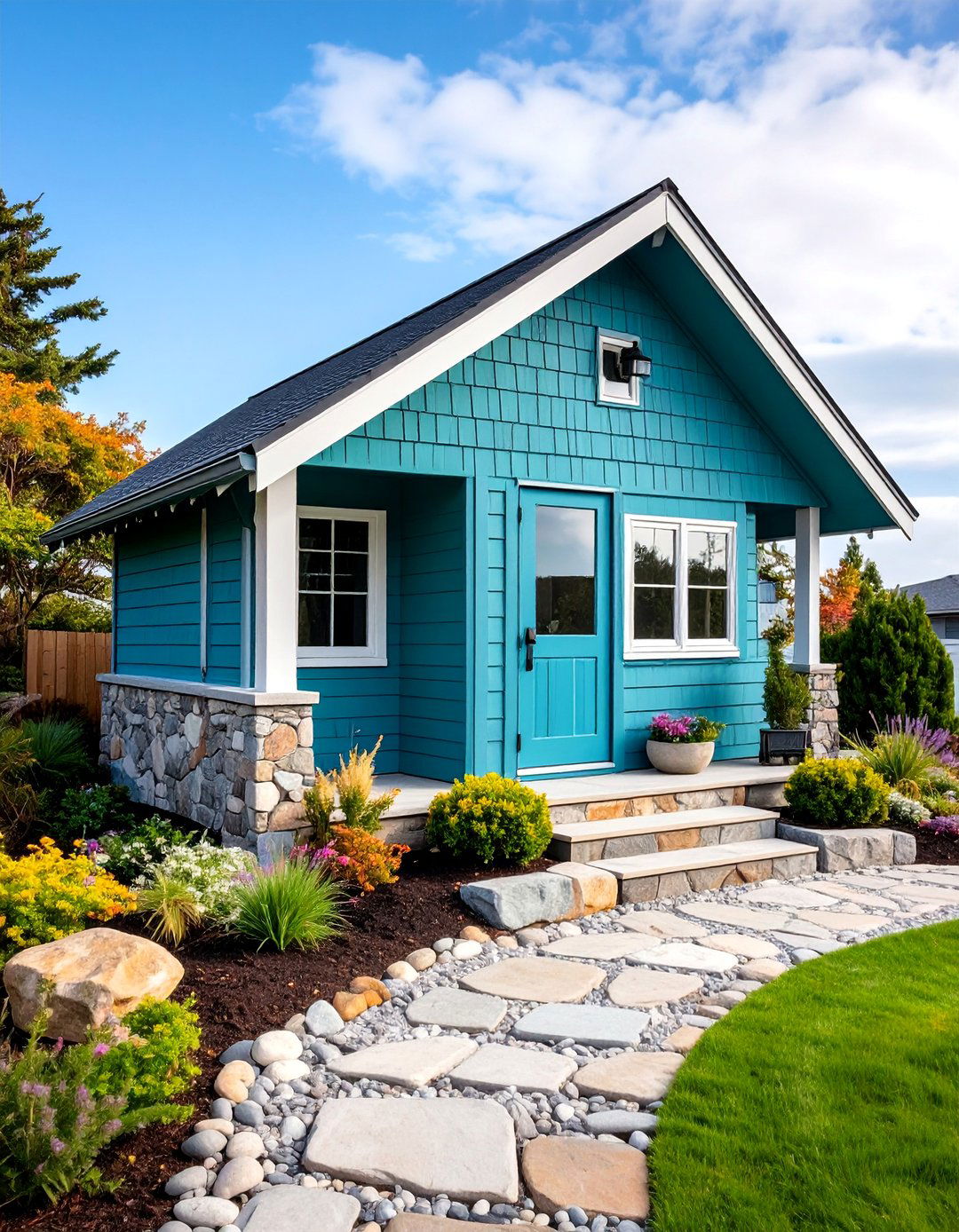 Teal Blue Shed with Natural Stone Foundation - 25 Shed Color Ideas