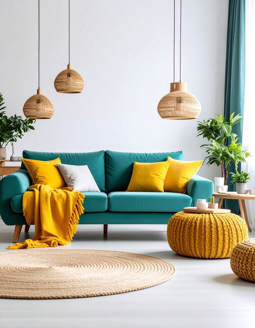 Teal Blue Sofa with Bright Yellow Throw Accessories - 25 Yellow and Blue Living Room Ideas