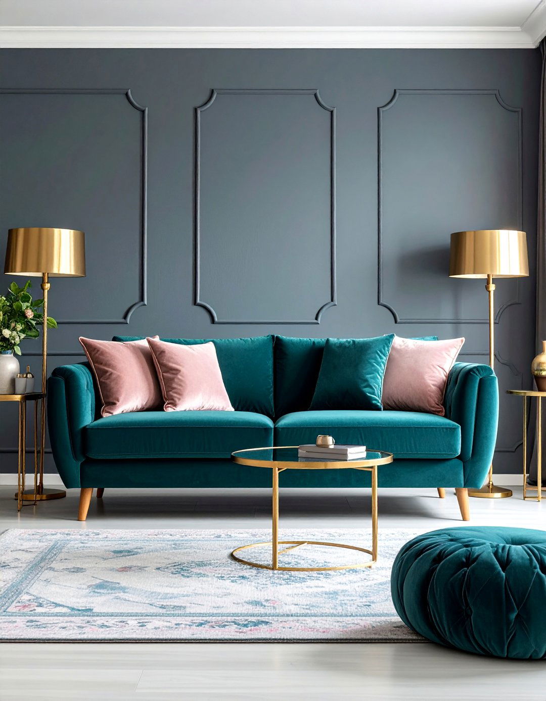 Teal Blue Sofa with Rose Pink Throw Pillows - 25 Pink and Blue Living Room Ideas