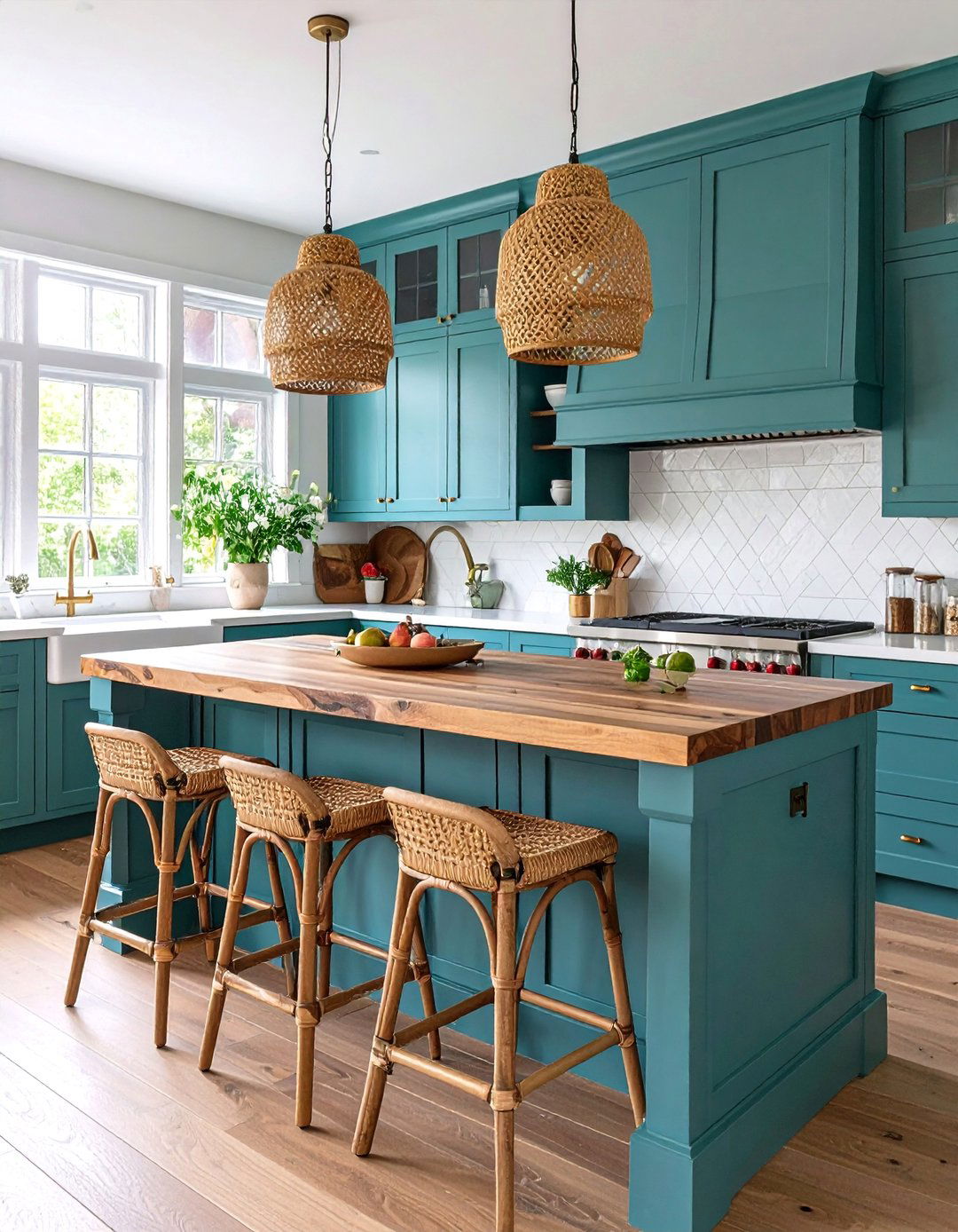 Teal Bohemian with Live Edge Wood Countertop - 25 Blue Kitchen Island Ideas