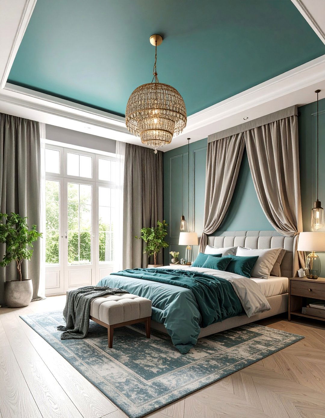 Teal Ceiling with Grey Floor to Ceiling Elements - 25 Teal and Grey Bedroom Ideas