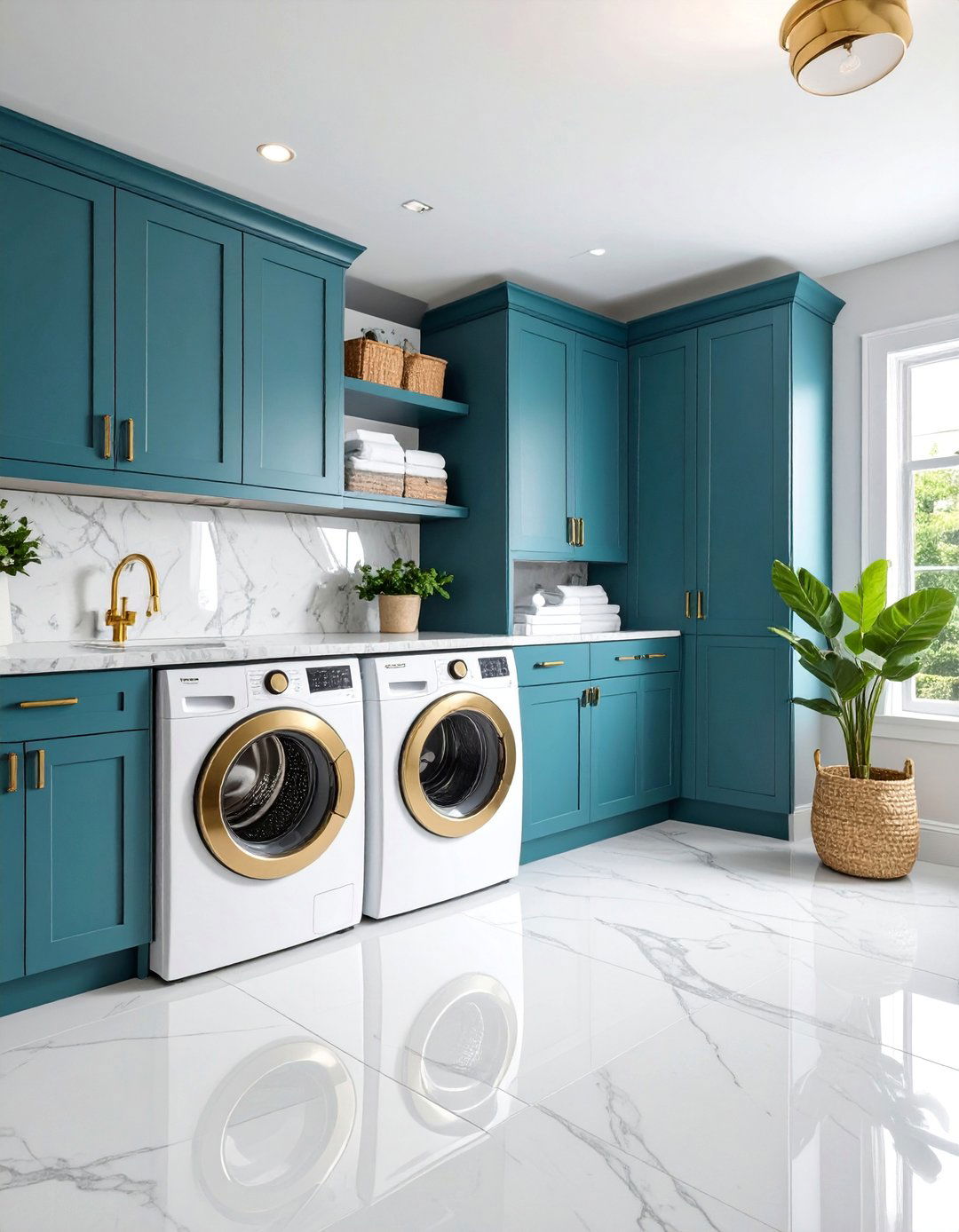 Teal Floor to Ceiling Cabinets with Gold Accents - 25 Blue Laundry Room Ideas
