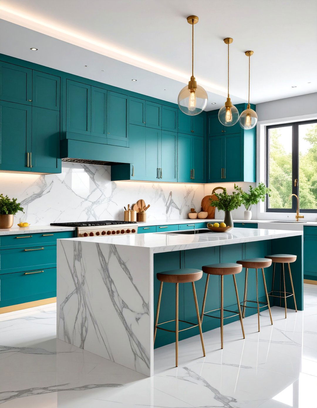 Teal Galley Kitchen with Marble Countertops - 25 Teal Kitchen Ideas
