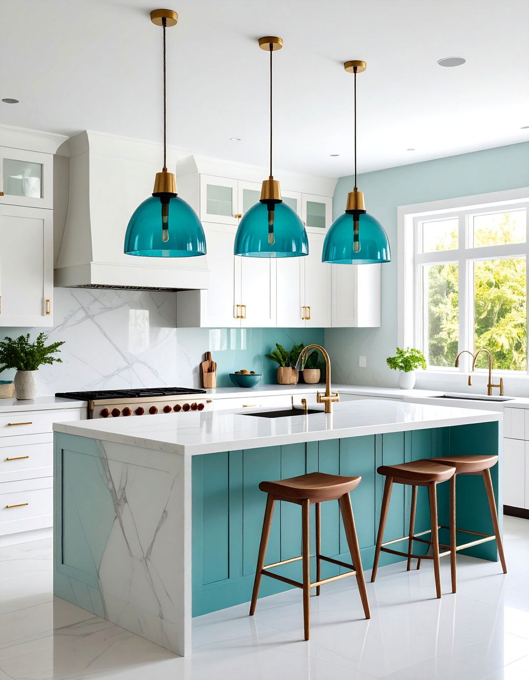 Teal Glass Pendant Lights with White Kitchen - 25 Teal and White Kitchen Ideas