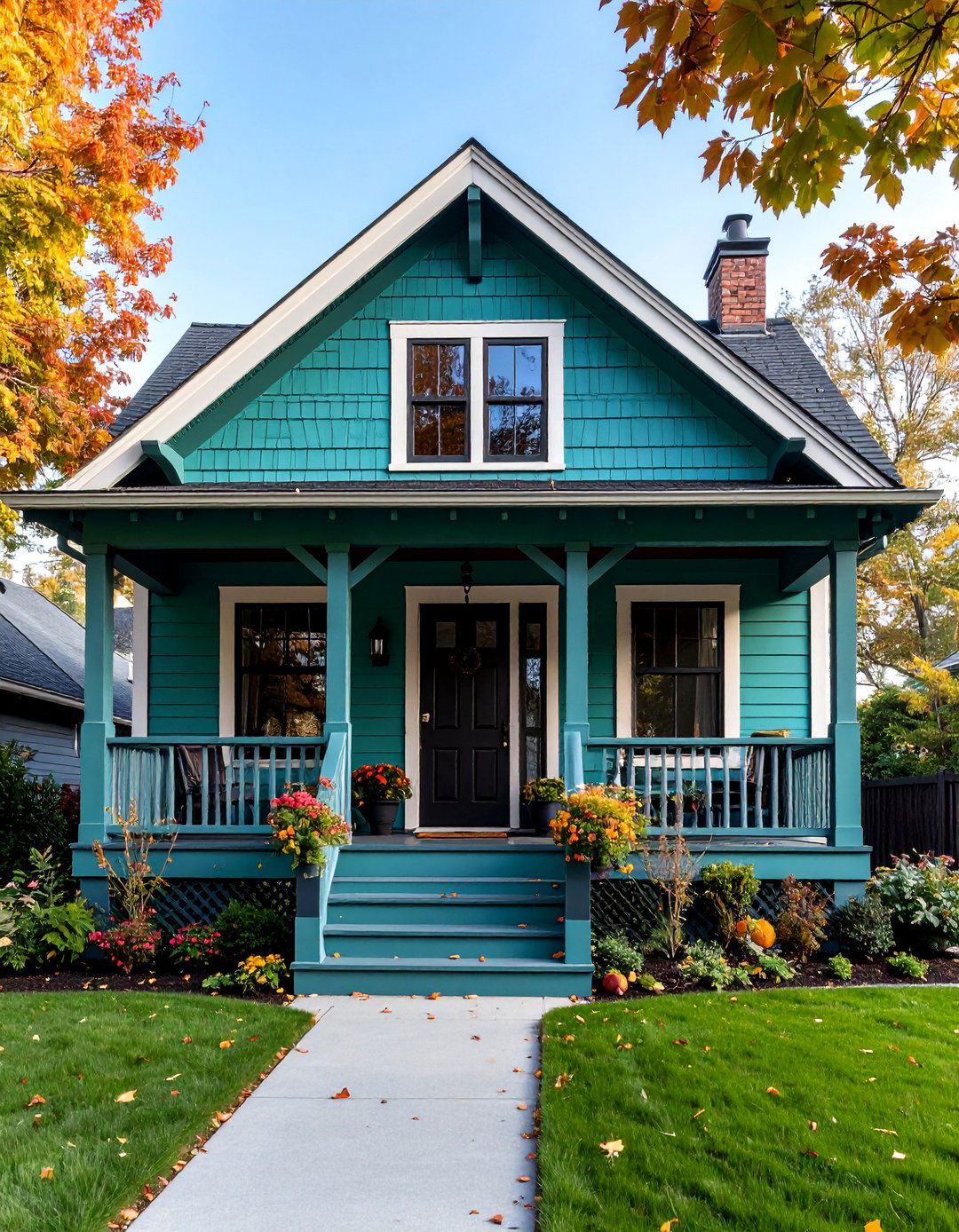 Teal Green Bungalow with Black Front Door - 25 Green House Exterior With Black Trim