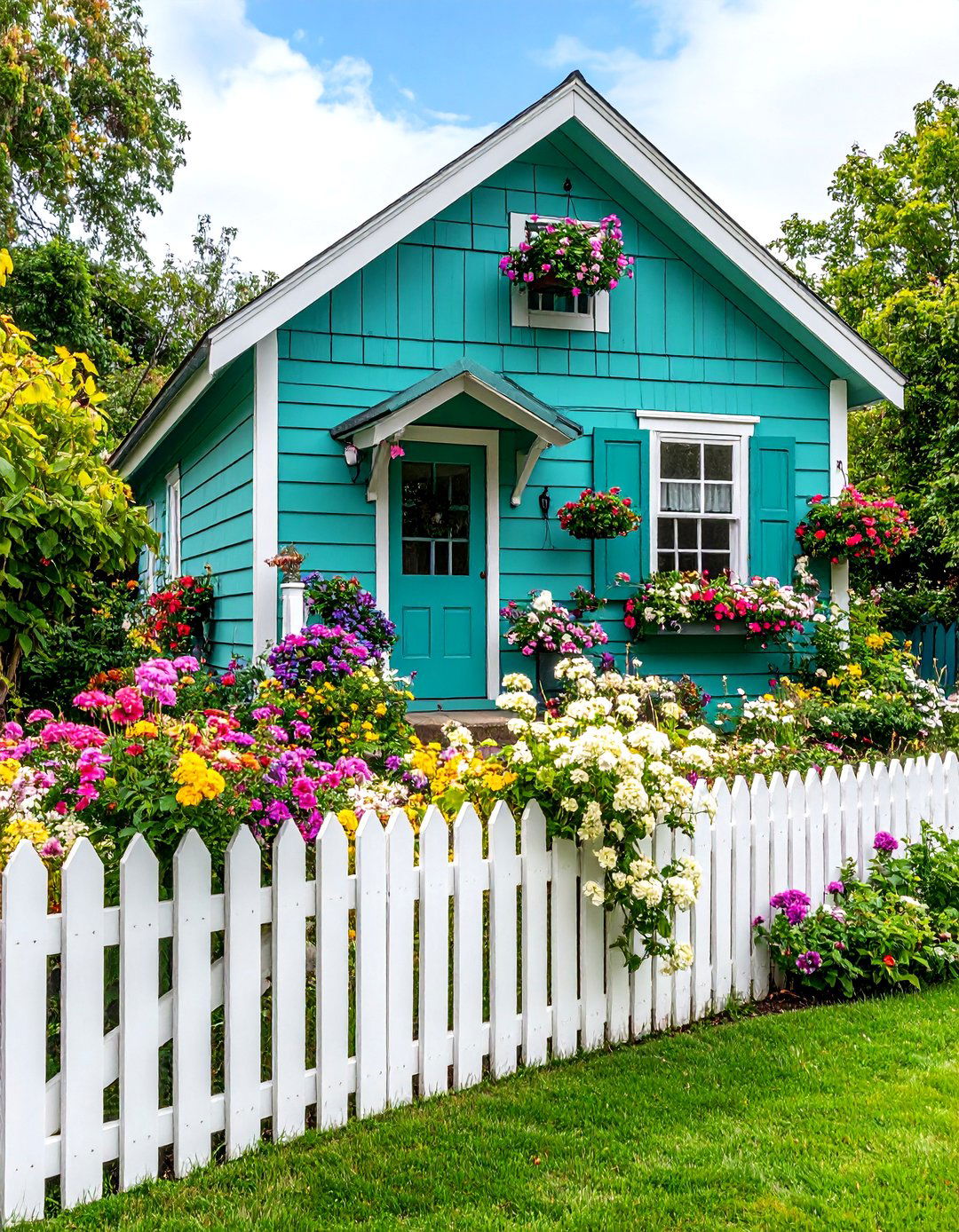 Teal Green Cottage with White Picket Fence - 25 Green Exterior House Paint Ideas