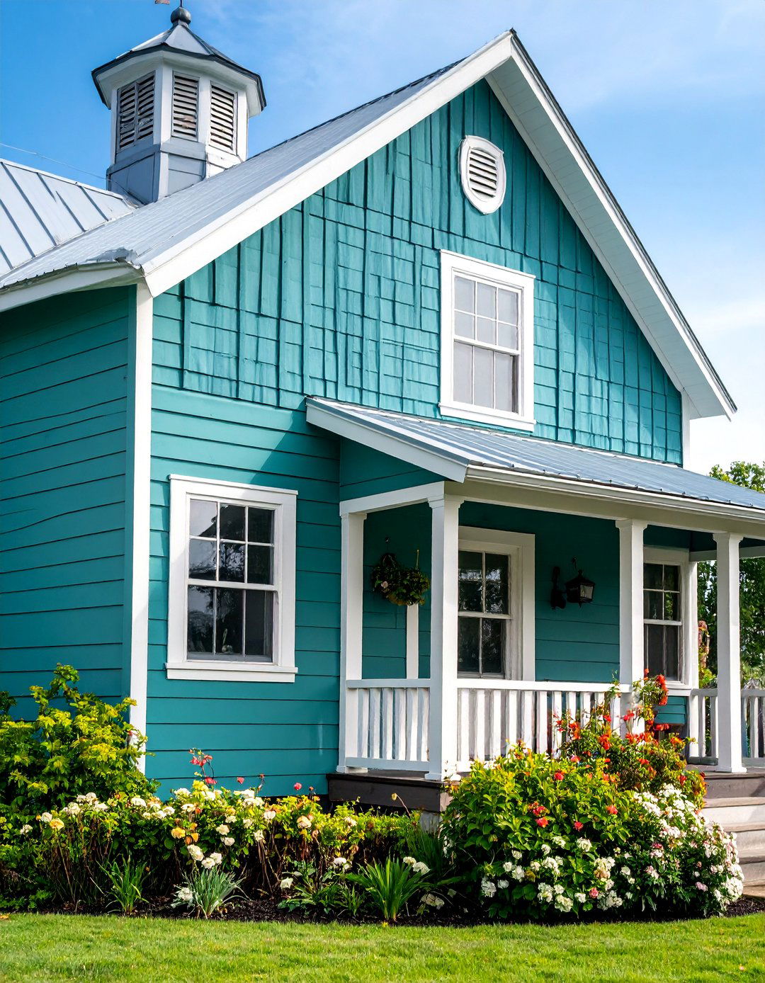 Teal Green Farmhouse with Cupola Detail - 25 Farmhouse Green Exterior Home Ideas