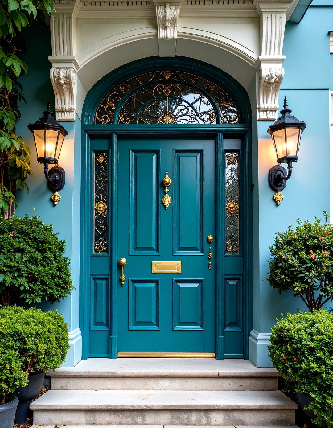 Teal Green Front Door with Victorian Details - 25 Green Front Door Ideas