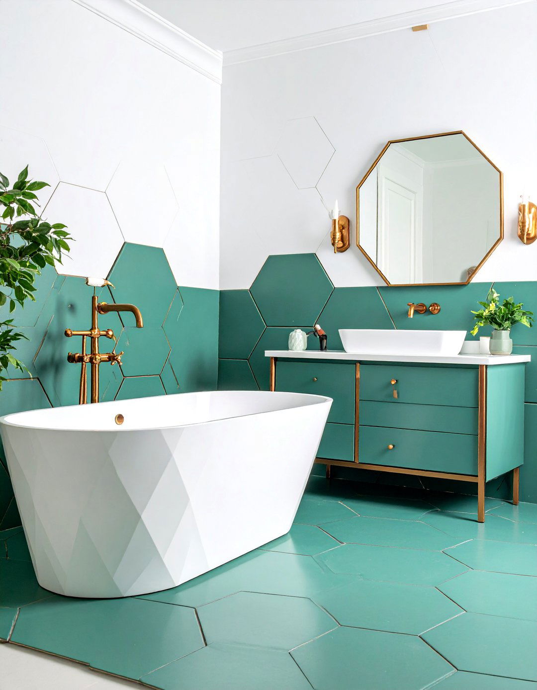 Teal Green Hexagon Tiles with Copper Gold Accents - 25 Green and Gold Bathroom Ideas