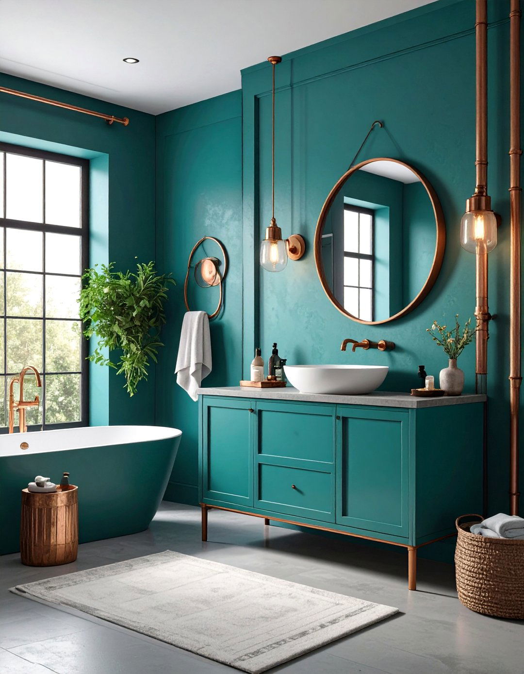 Teal Green Powder Room with Copper Pipe Details - 25 Green Powder Room Ideas