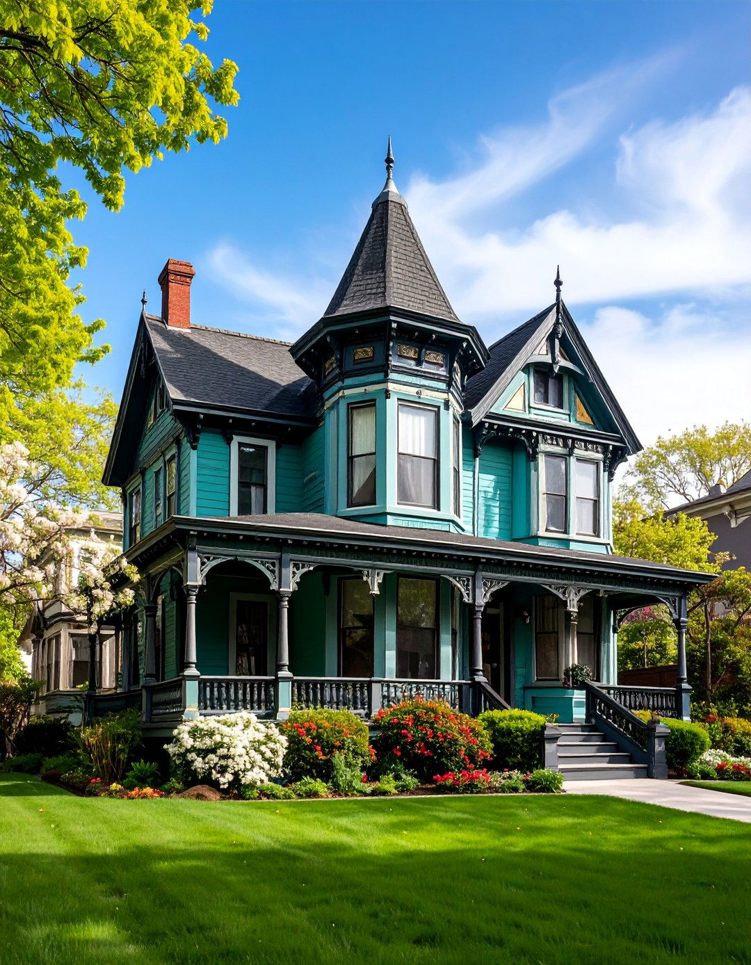 Teal Green Victorian Drama with Black Accents - 25 Green Victorian House Colors