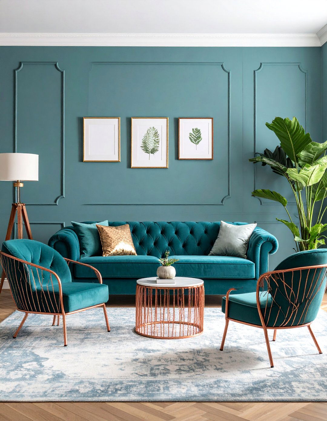 Teal Green and Rose Gold Eclectic Living Room - 25 Green and Gold Living Room Ideas