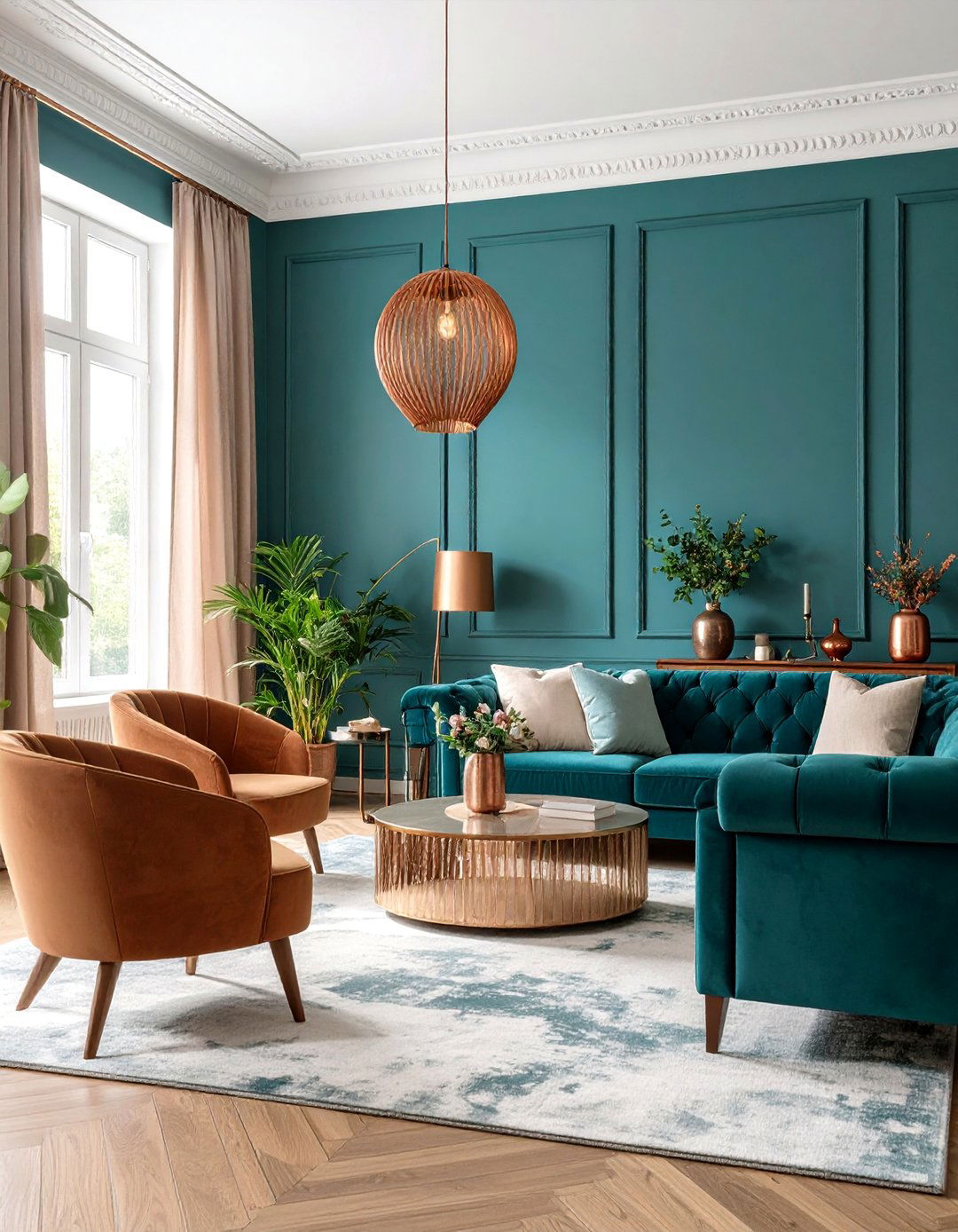 Teal Jewel Tone with Copper Accents - 25 Living Room Paint Colors