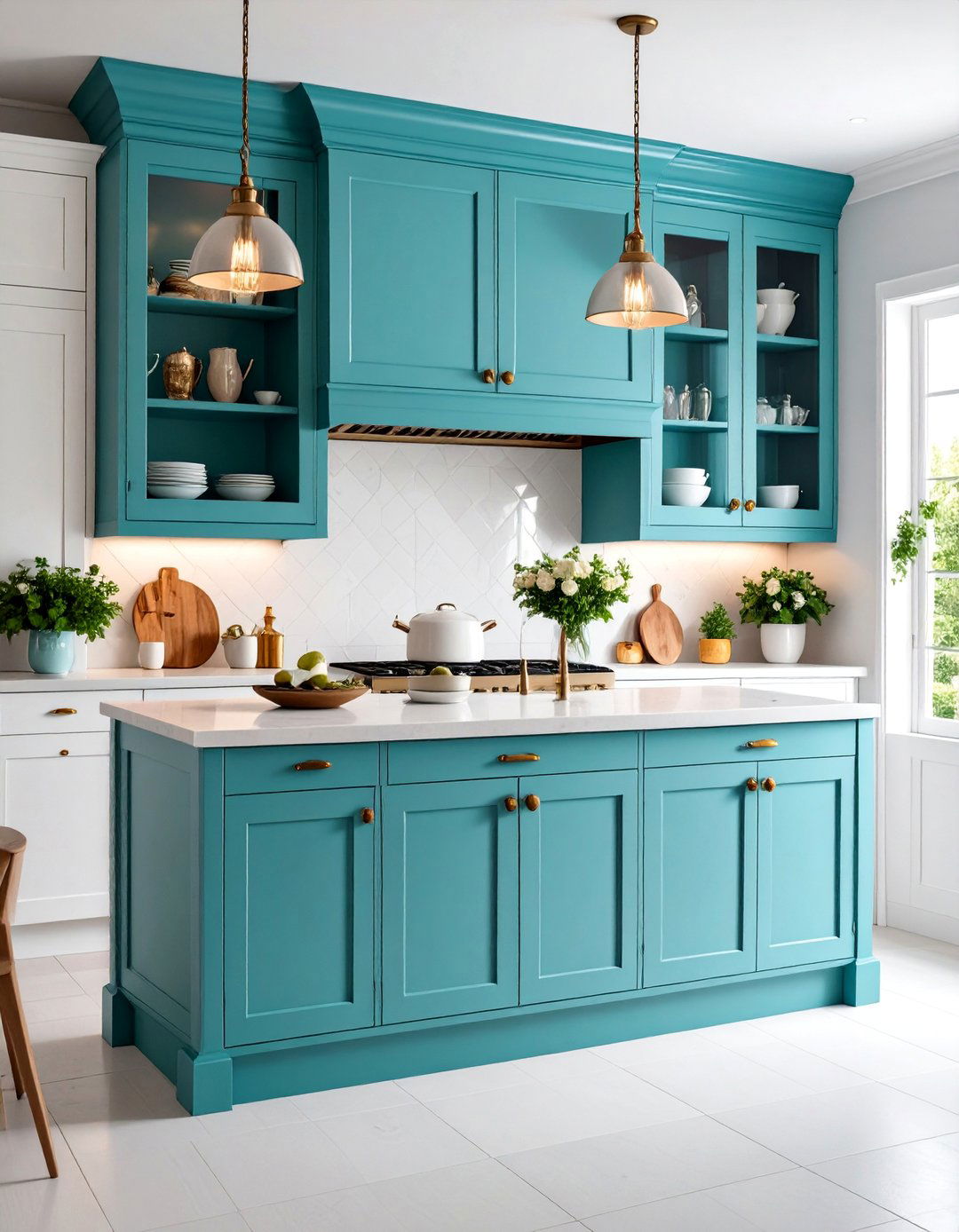 Teal Kitchen Hutch with White Surrounding Cabinetry - 25 Teal and White Kitchen Ideas
