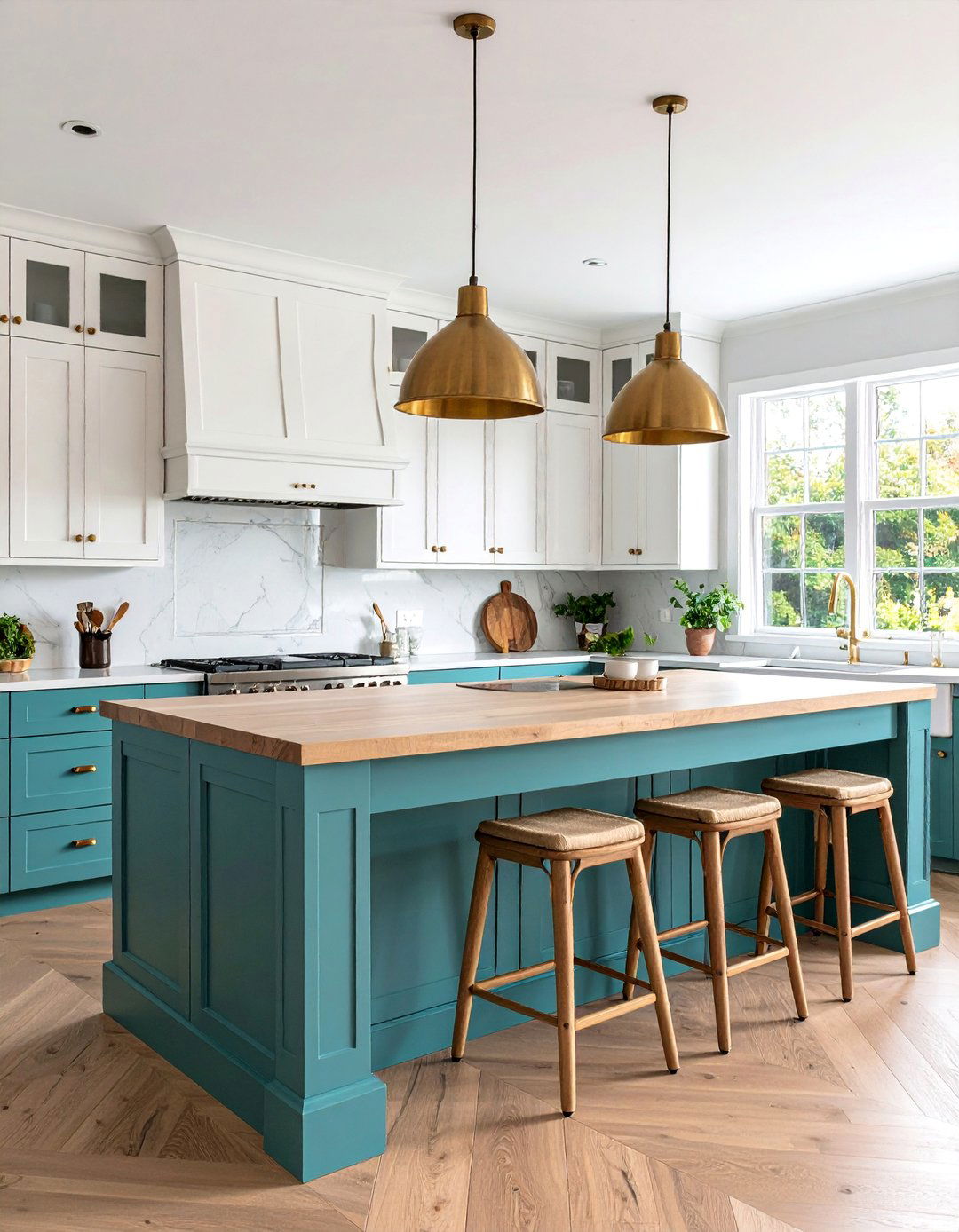 Teal Kitchen Island with Natural Wood Accents - 25 Blue Kitchen Ideas