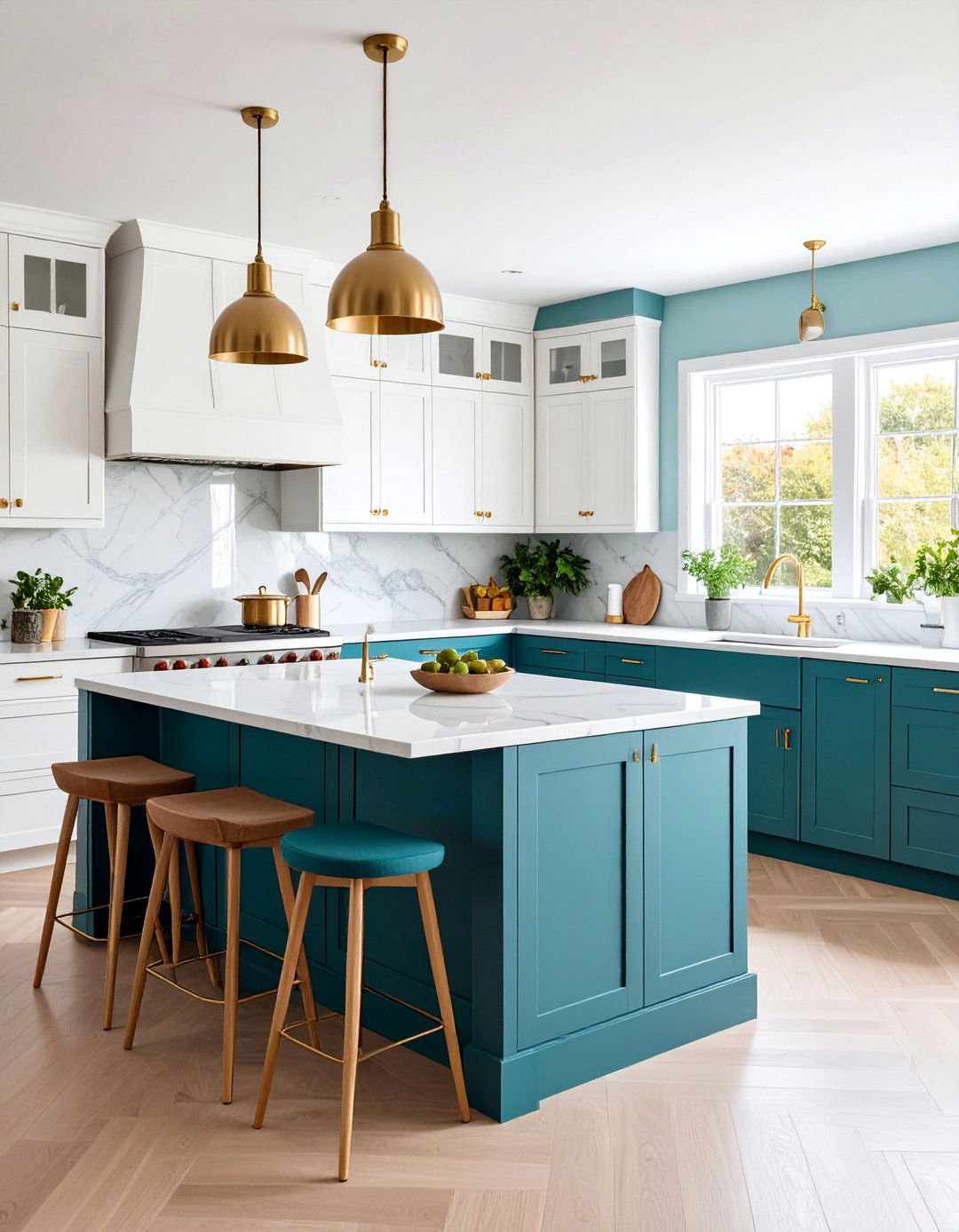 Teal Kitchen Island with White Perimeter Cabinets - 25 Teal and White Kitchen Ideas
