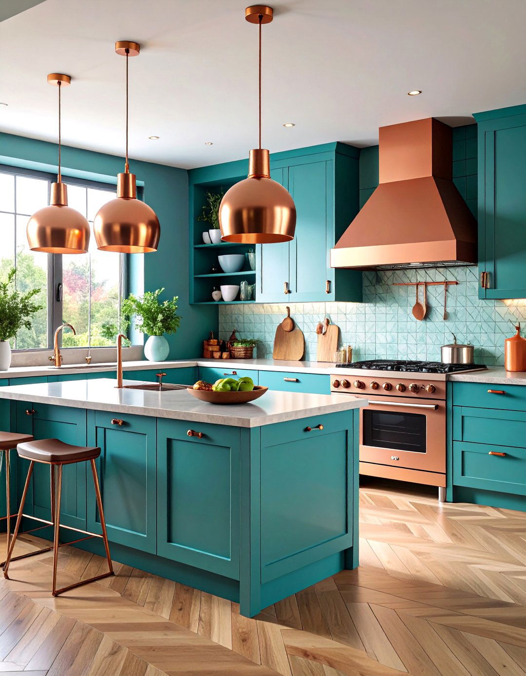 Teal Kitchen with Copper Pendant Lighting - 25 Teal Kitchen Ideas