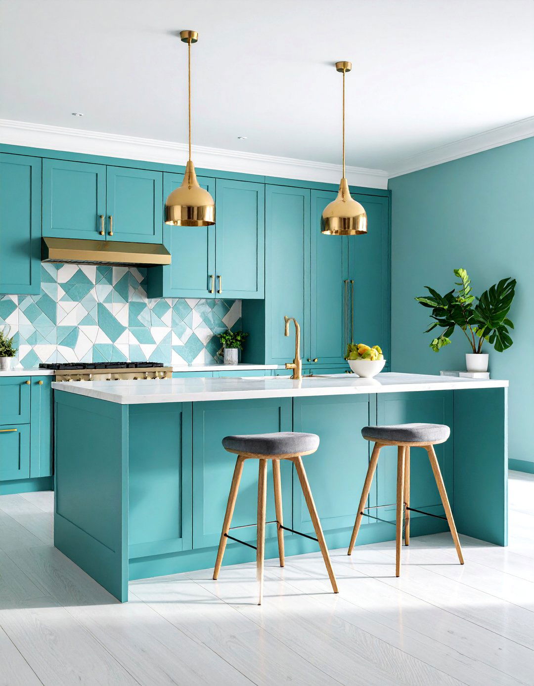 Teal Kitchen with Geometric Backsplash Patterns - 25 Teal Kitchen Ideas