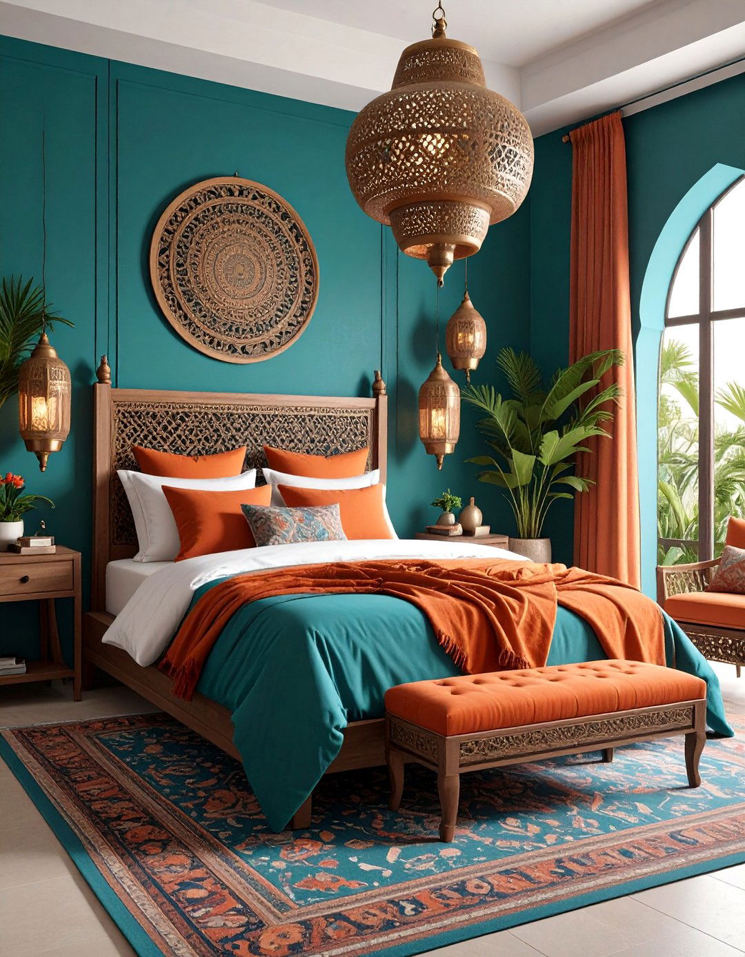 Teal Moroccan Inspired with Burnt Orange Textiles - 25 Teal and Orange Bedroom Ideas