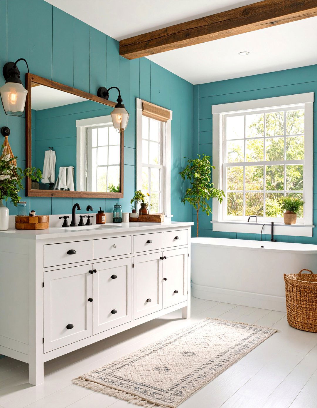 Teal Shiplap Farmhouse Bathroom - 25 Teal Bathroom Ideas