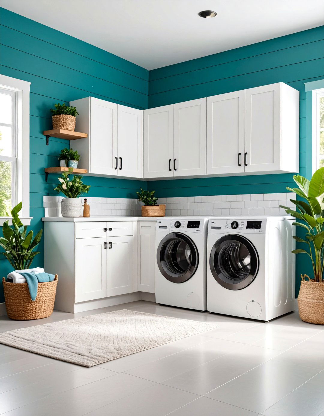 Teal Shiplap Statement Wall with White Cabinetry - 25 Shiplap Laundry Room Ideas
