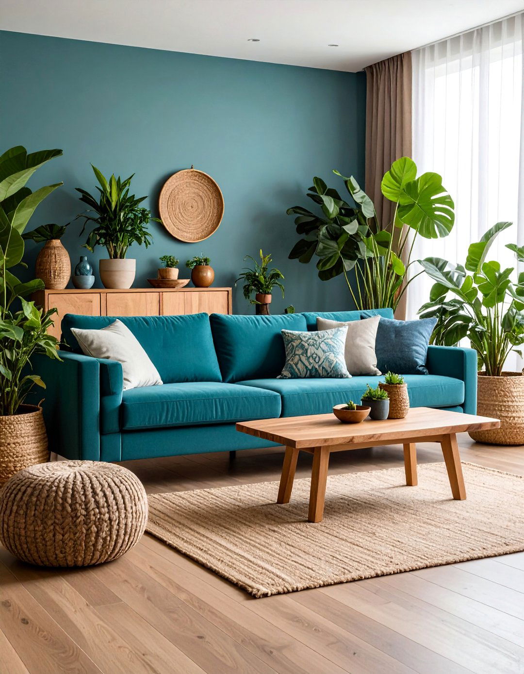 Teal Sofa with Natural Materials and Biophilic Design - 25 Blue Couch Living Room Ideas