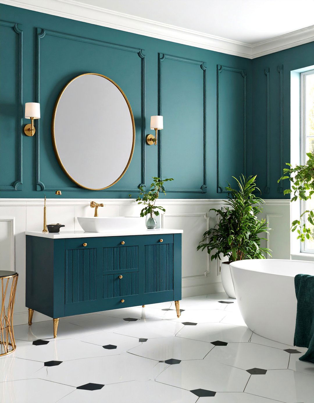 Teal Traditional Powder Room with Wainscoting - 25 blue powder room ideas