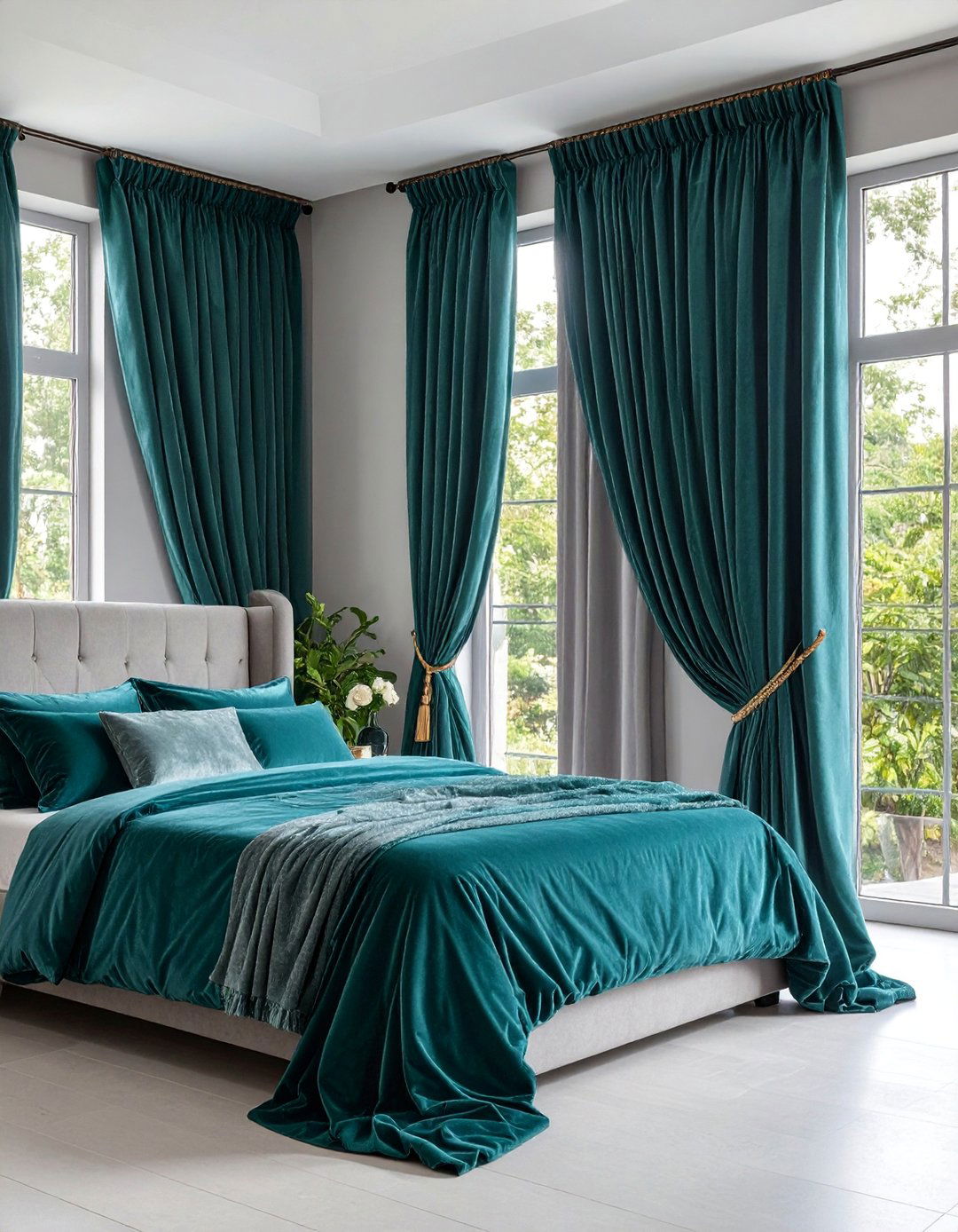 Teal Velvet Curtains with Grey Window Frames - 25 Teal and Grey Bedroom Ideas