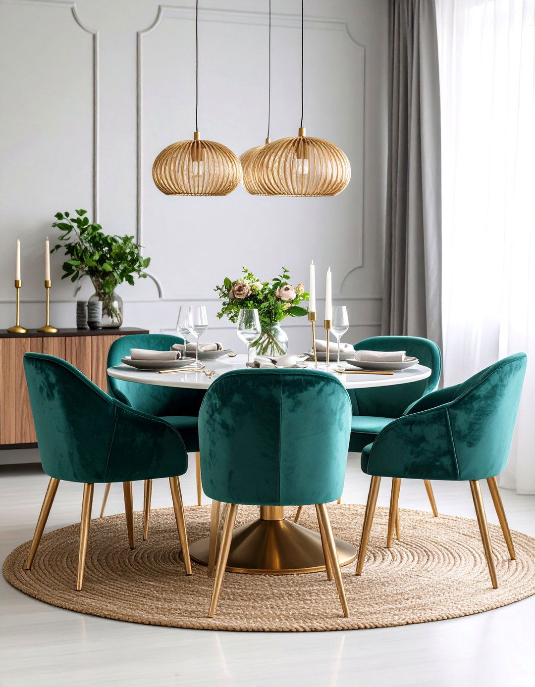 Teal Velvet Dining Chairs with Neutral Backdrop - 25 Teal Dining Room Ideas