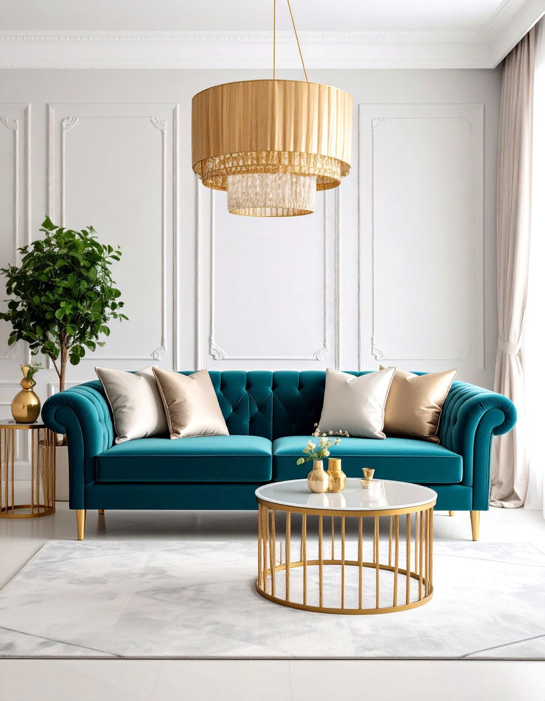 Teal Velvet Sofa with Grey Walls - 25 Teal and Grey Living Room Ideas