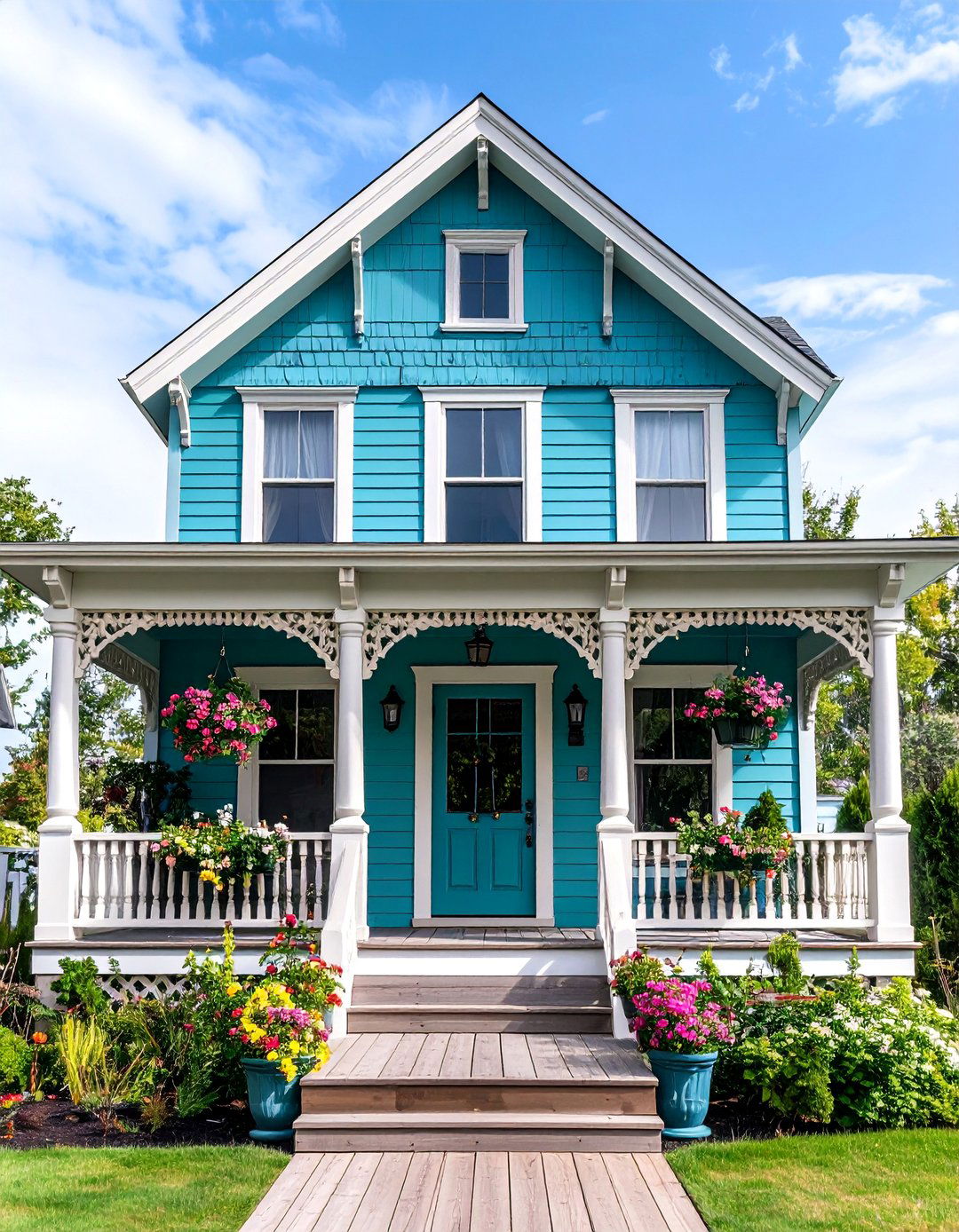 Teal Victorian with Natural Wood Accents - 25 blue victorian house colors