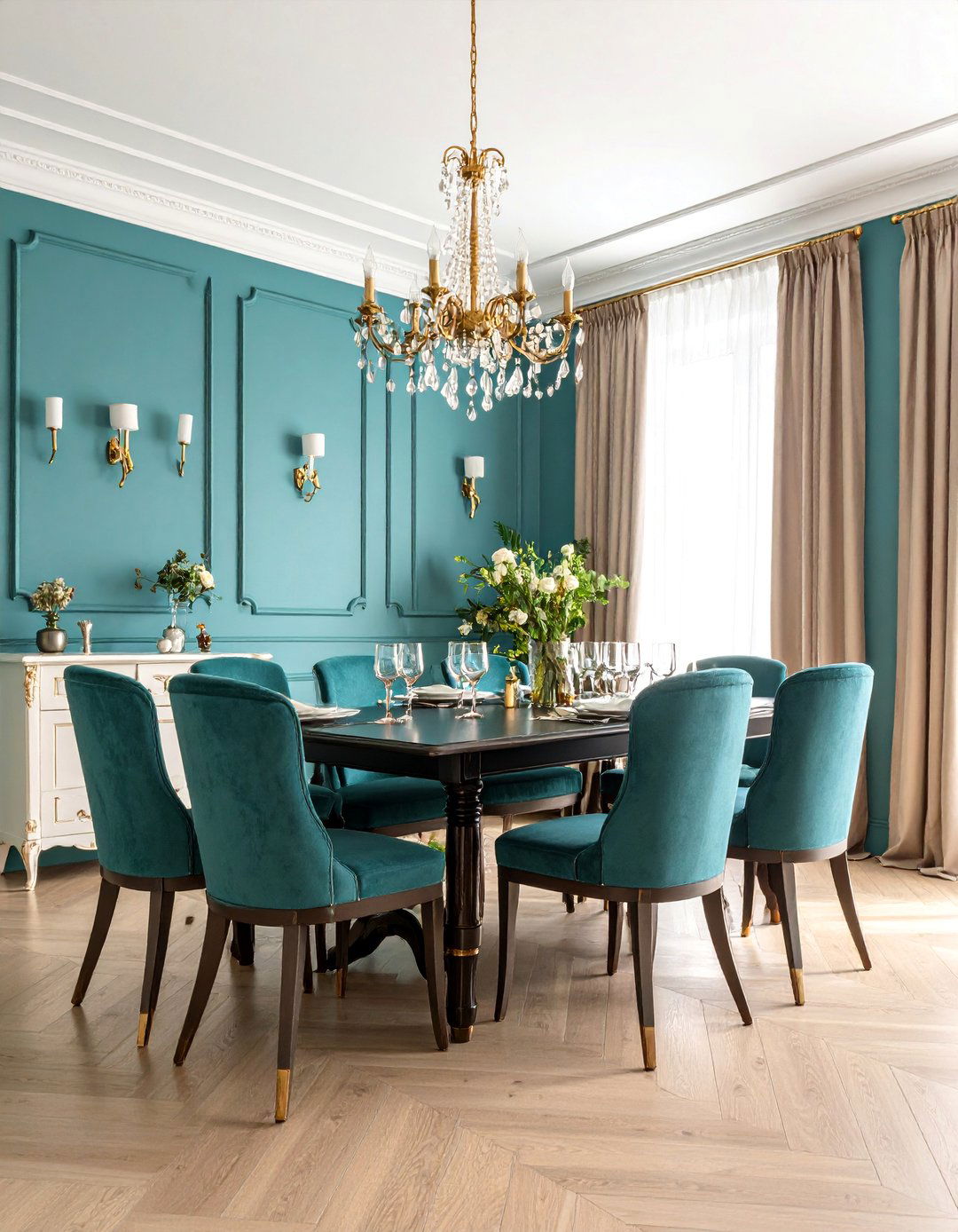 Teal Wainscoting with Cream Upper Walls - 25 Teal Dining Room Ideas