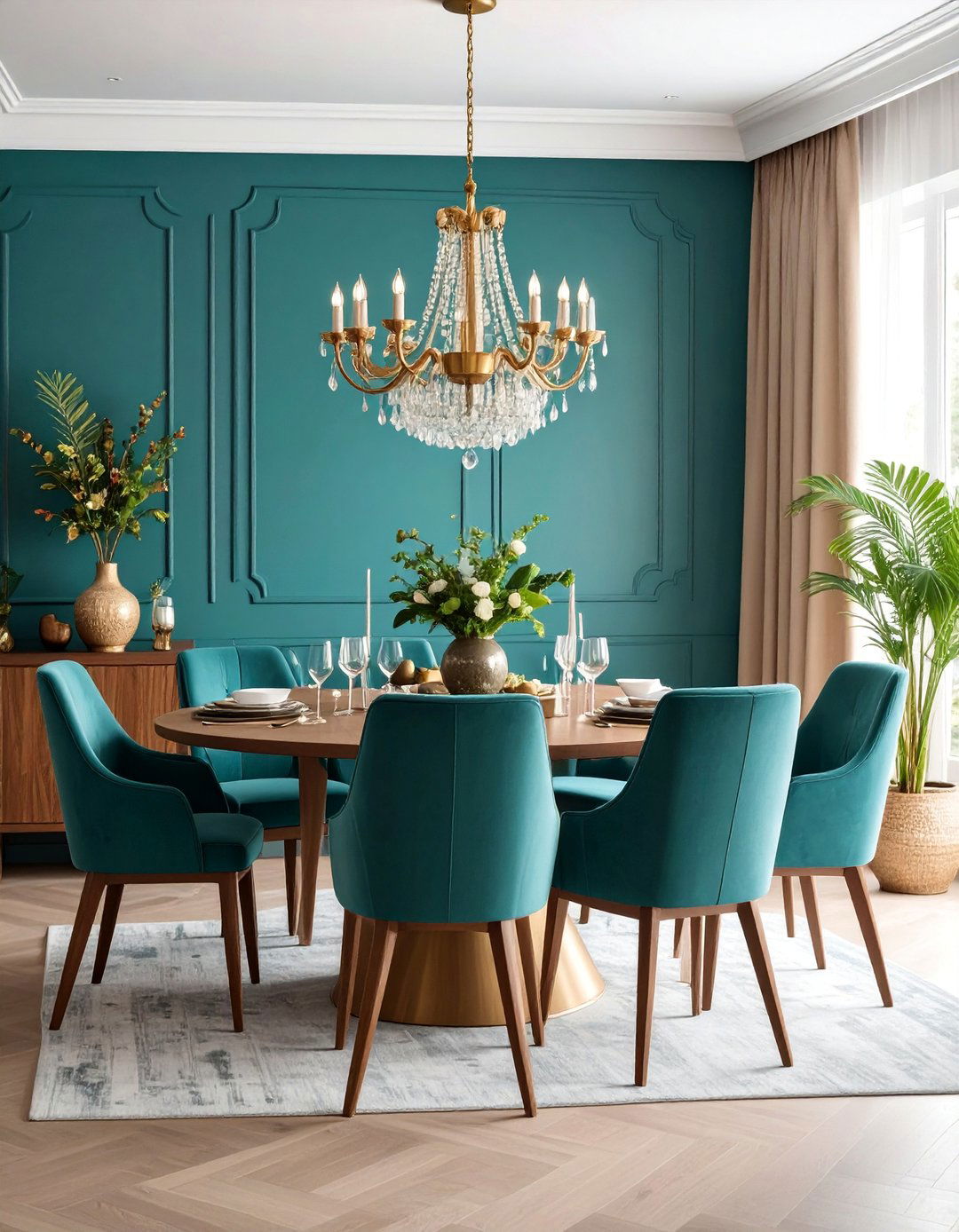 Teal Wallpaper Statement Wall - 25 Teal Dining Room Ideas