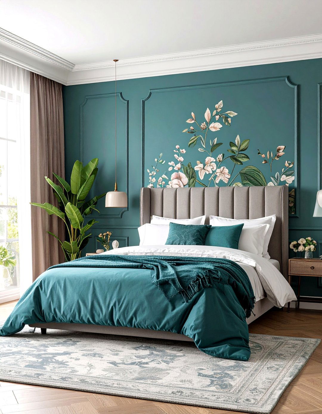 Teal Wallpaper with Grey Architectural Details - 25 Teal and Grey Bedroom Ideas