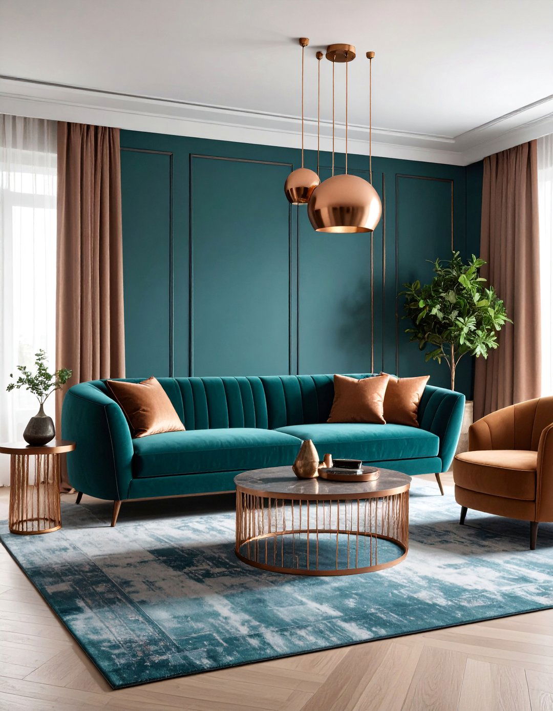 Teal and Copper Living Room with Curved Elements - 25 Art Deco Living Room Ideas