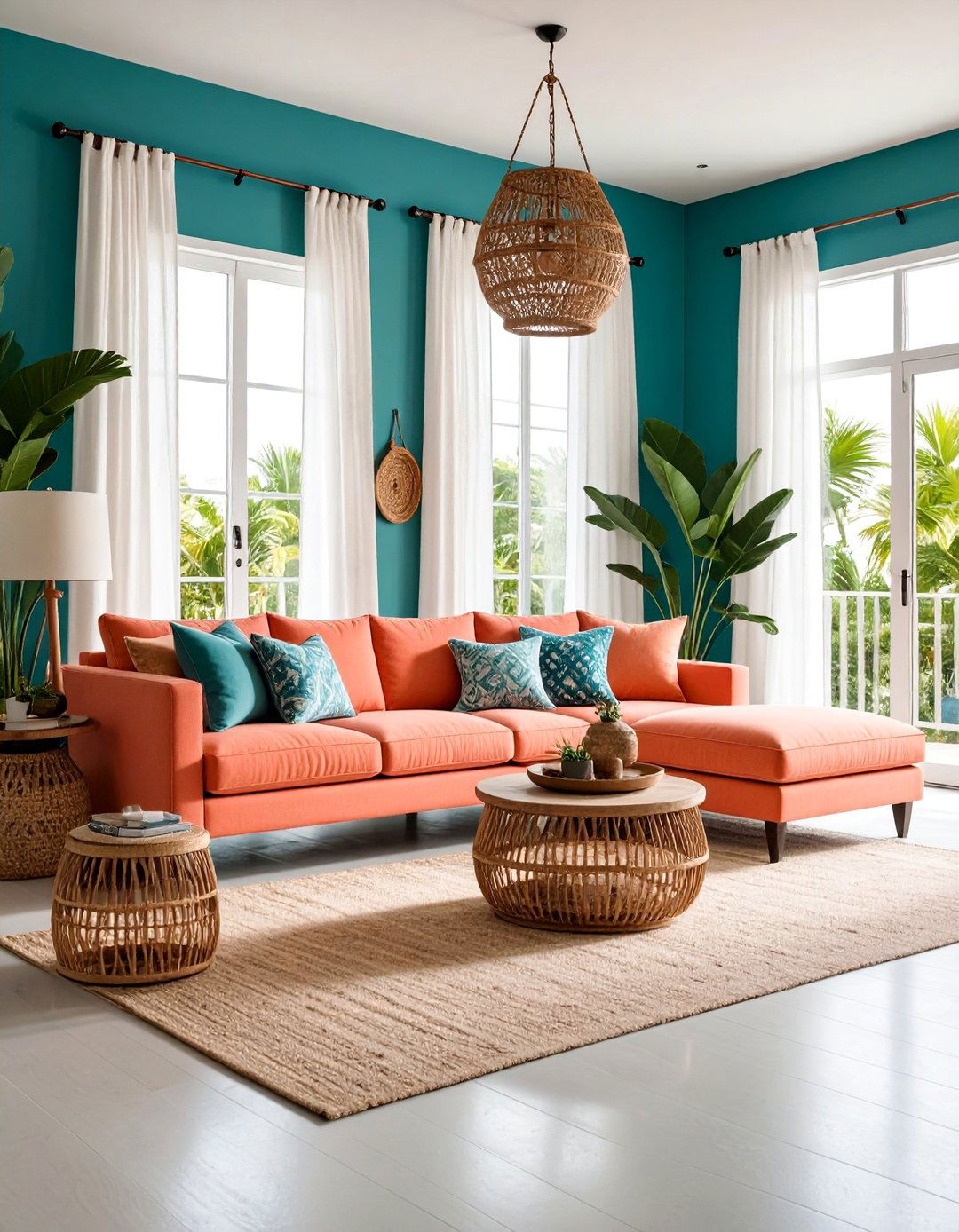 Teal and Coral Coastal Living Room Design - 25 orange and blue living room ideas