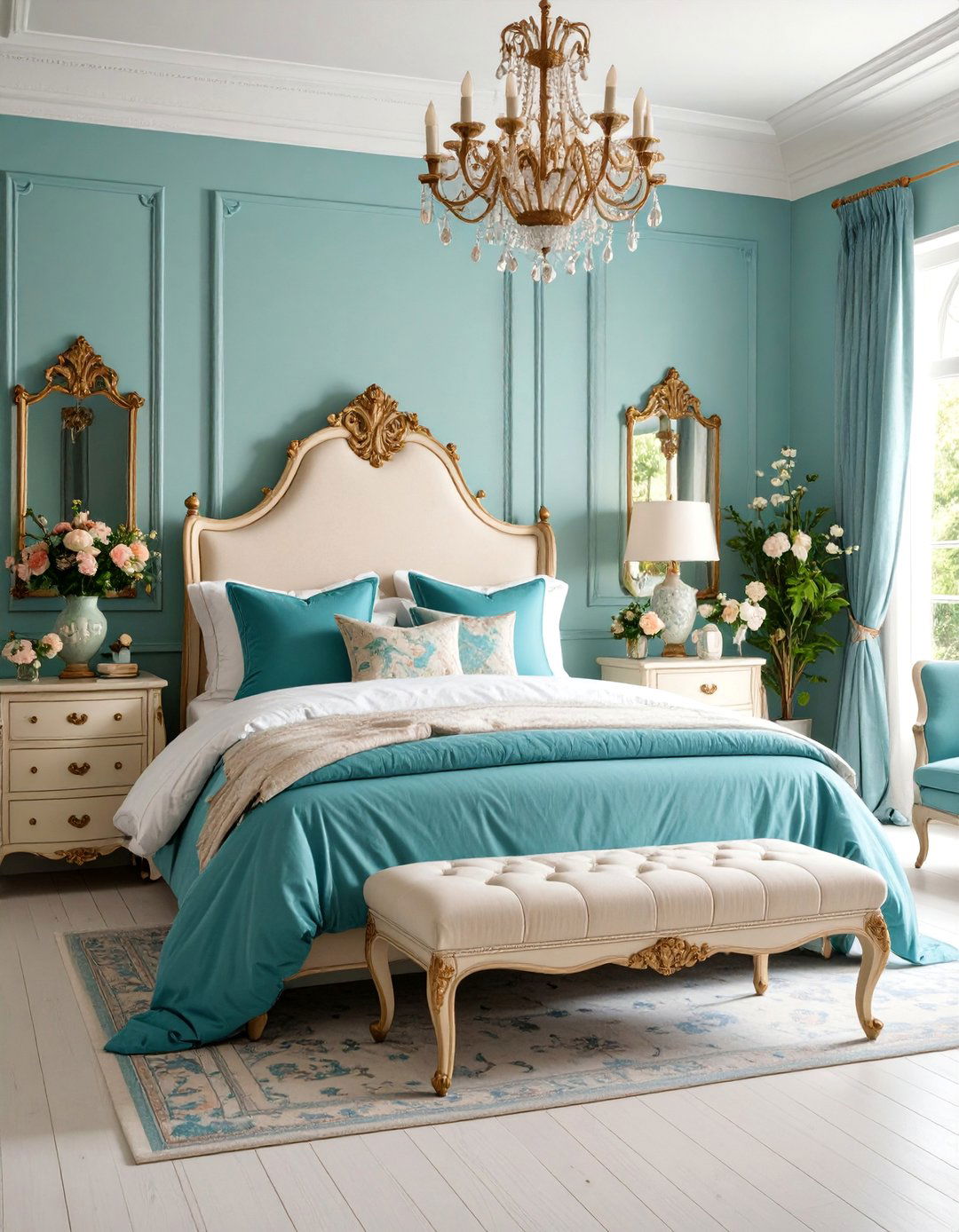 Teal and Cream French Country Bedroom - 25 Teal Bedroom Ideas