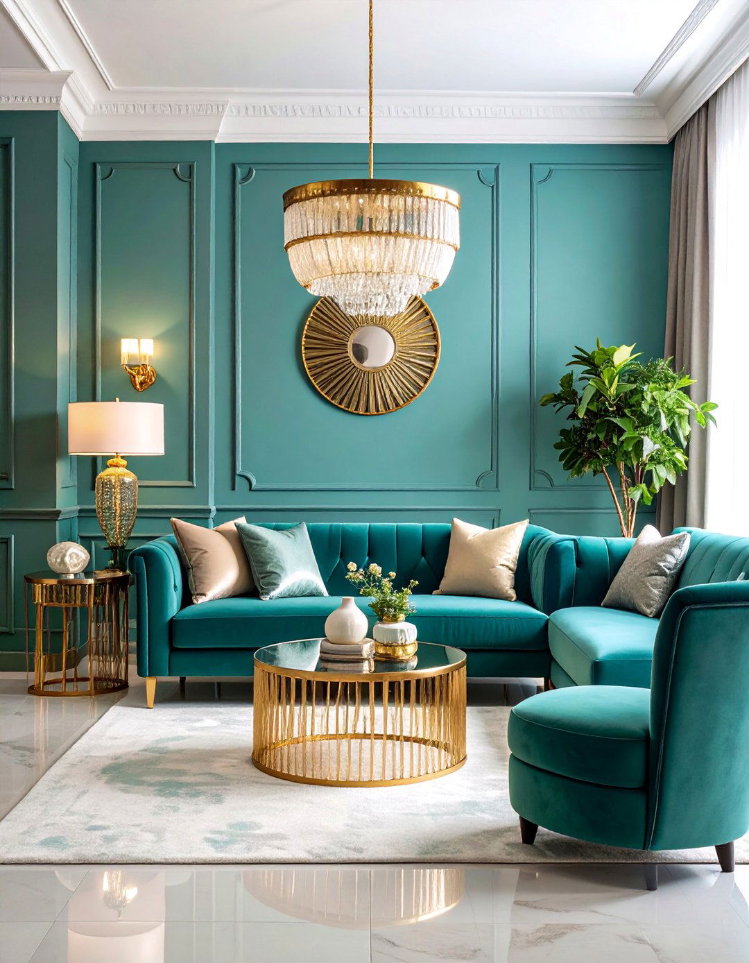 Teal and Gold Glam Living Room with Metallic Accents - 25 Blue Living Room Ideas