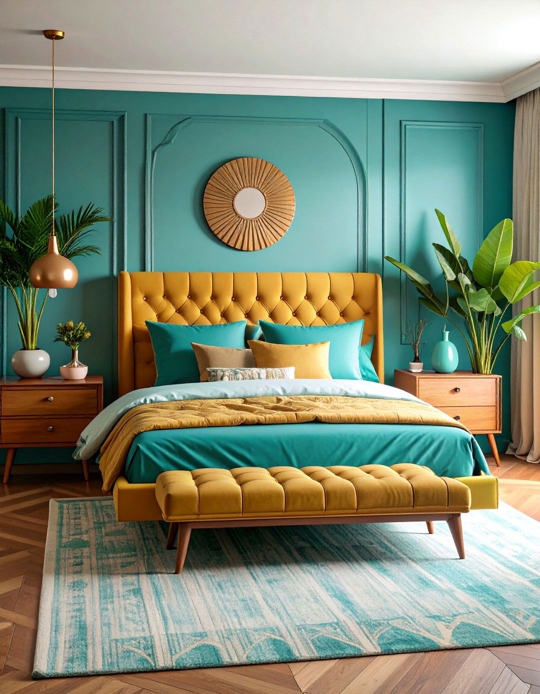 Teal and Mustard Yellow Retro Bedroom - 25 Teal Bedroom Ideas