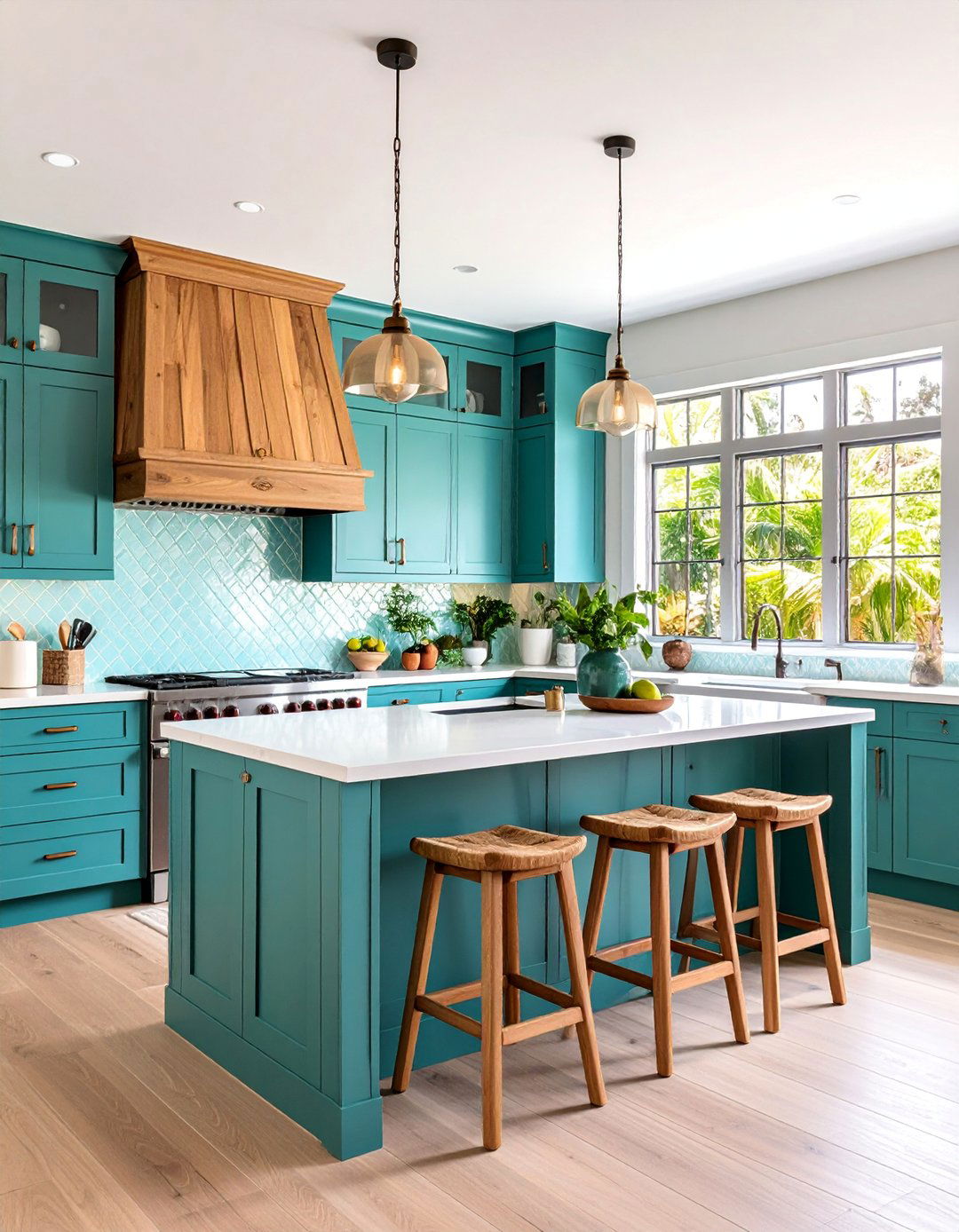 Teal and Natural Wood Coastal Kitchen - 25 Two Tone Kitchen Cabinet Ideas