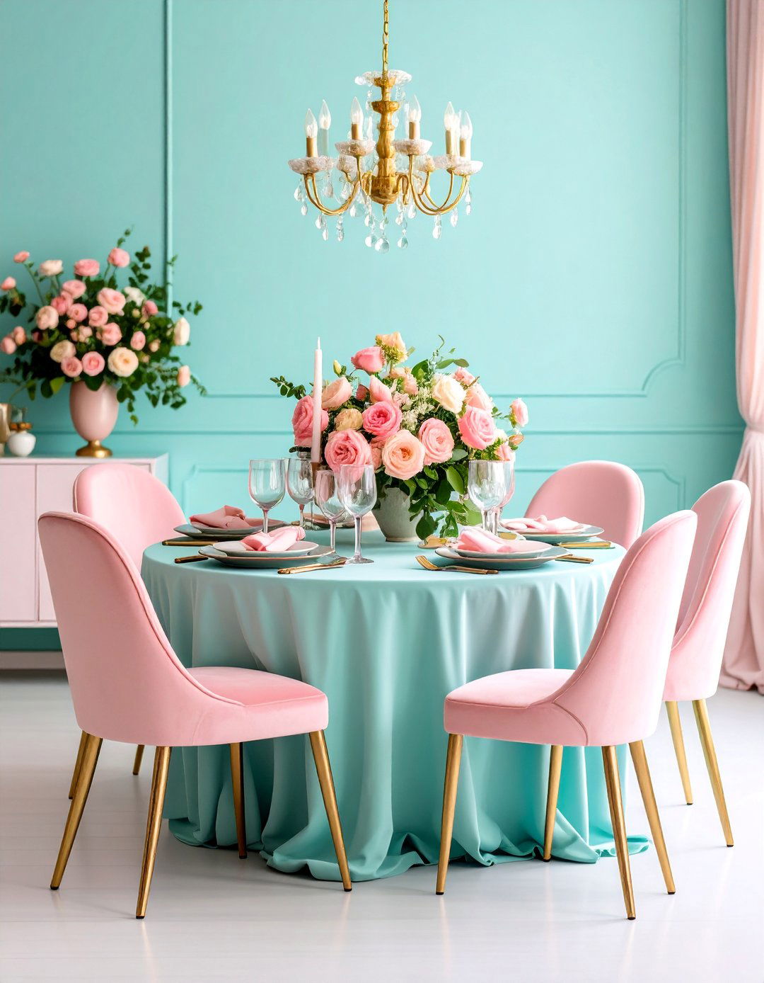 Teal and Pink Romantic Dining Room - 25 Teal Dining Room Ideas