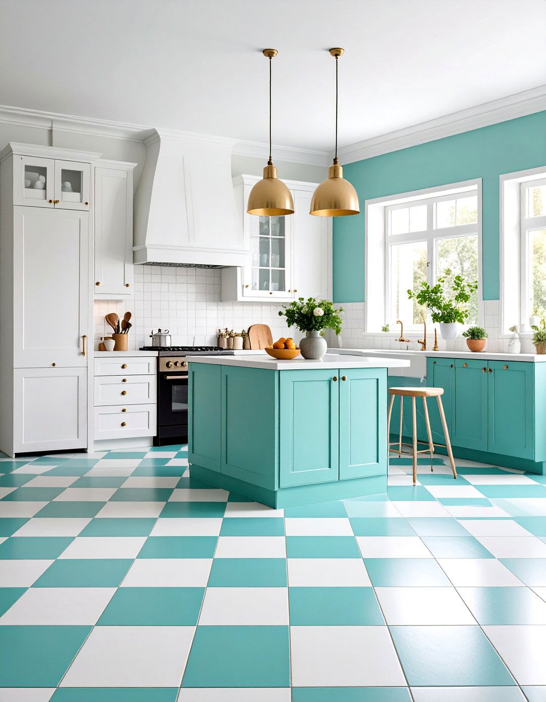 Teal and White Checker Pattern Floor - 25 Teal and White Kitchen Ideas