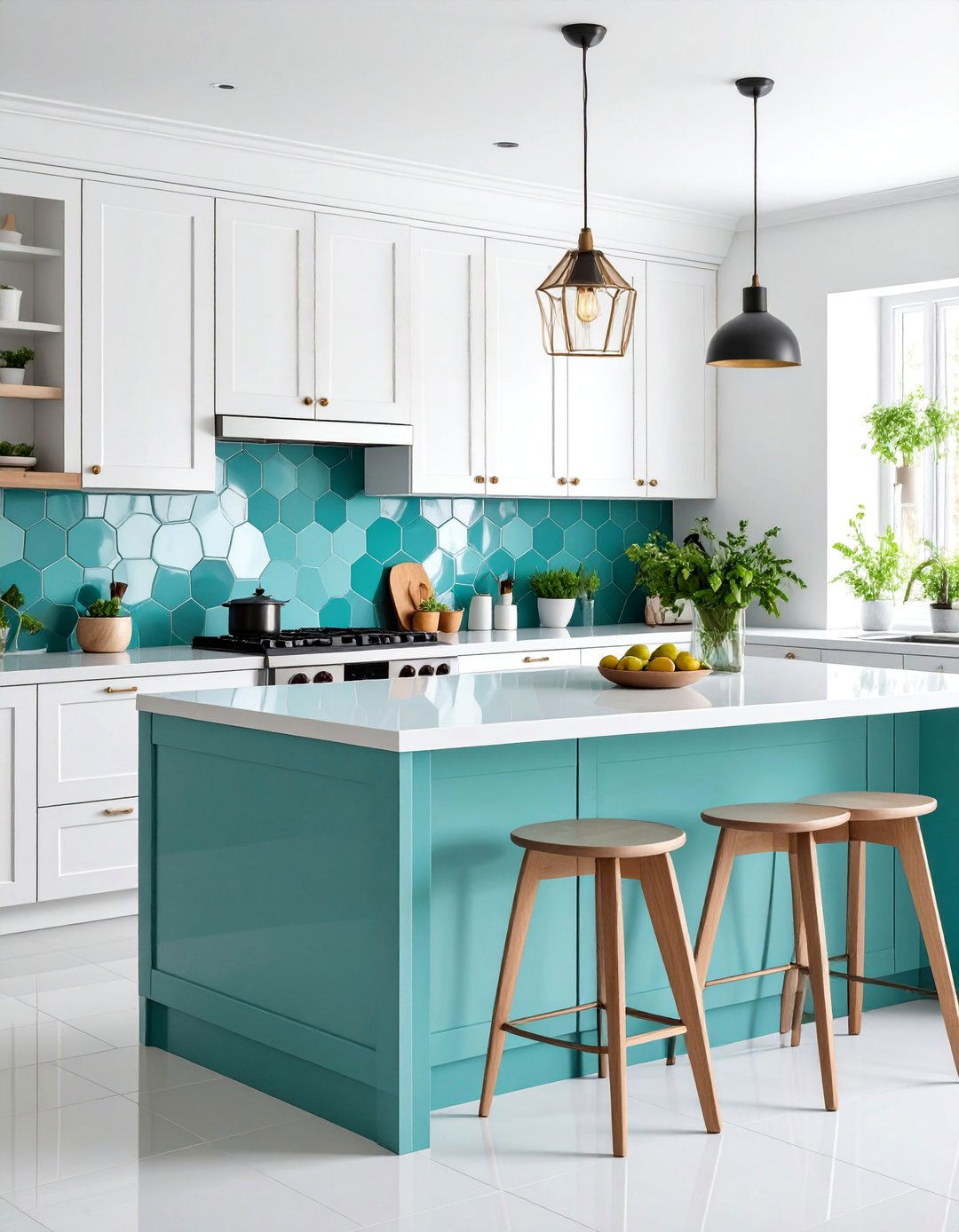 Teal and White Hexagonal Tile Backsplash - 25 Teal and White Kitchen Ideas