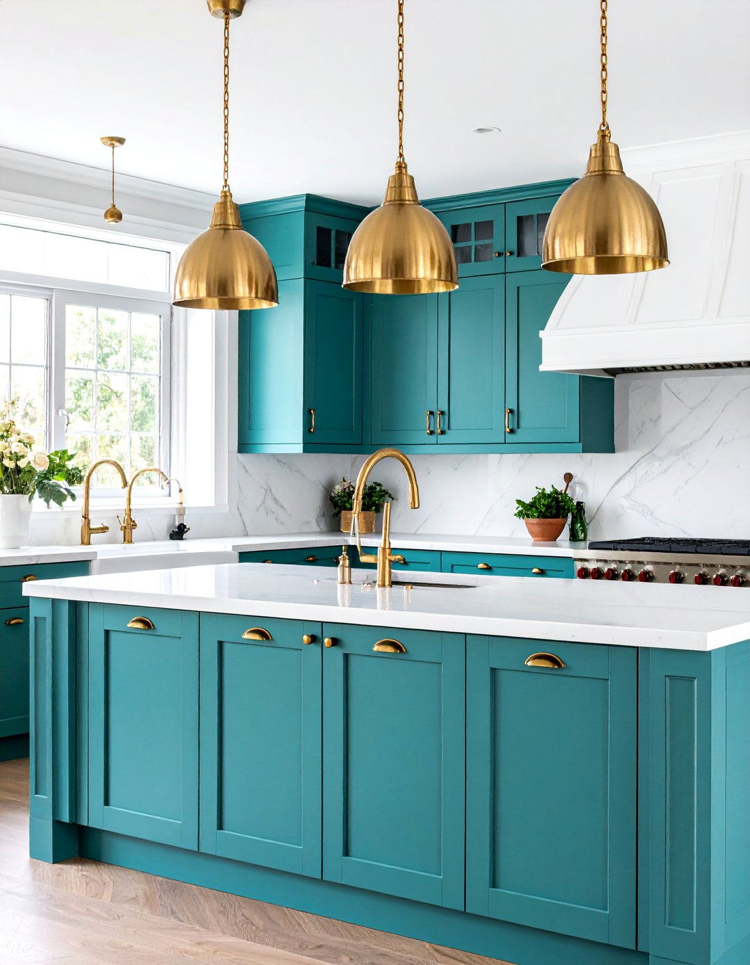 Teal and White Kitchen with Brass Accents - 25 Teal and White Kitchen Ideas